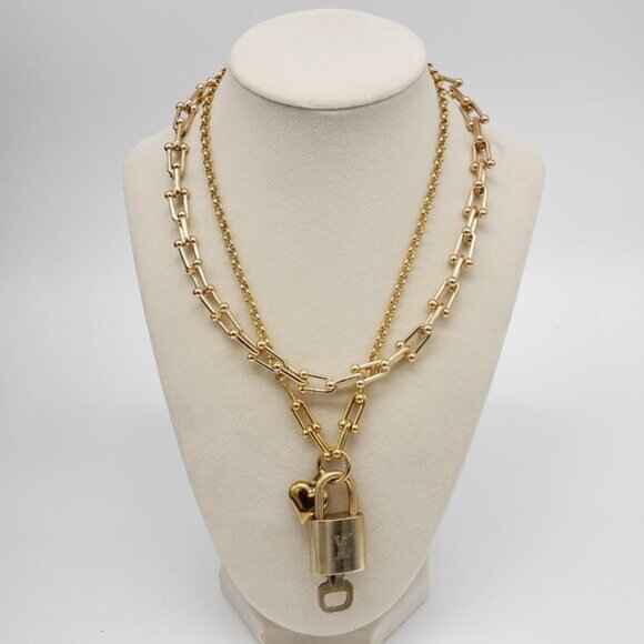 Louis Vuitton Jewelry - Stainless Steel Gold-Plated Necklace with Authentic Louis Vuitton Padlock